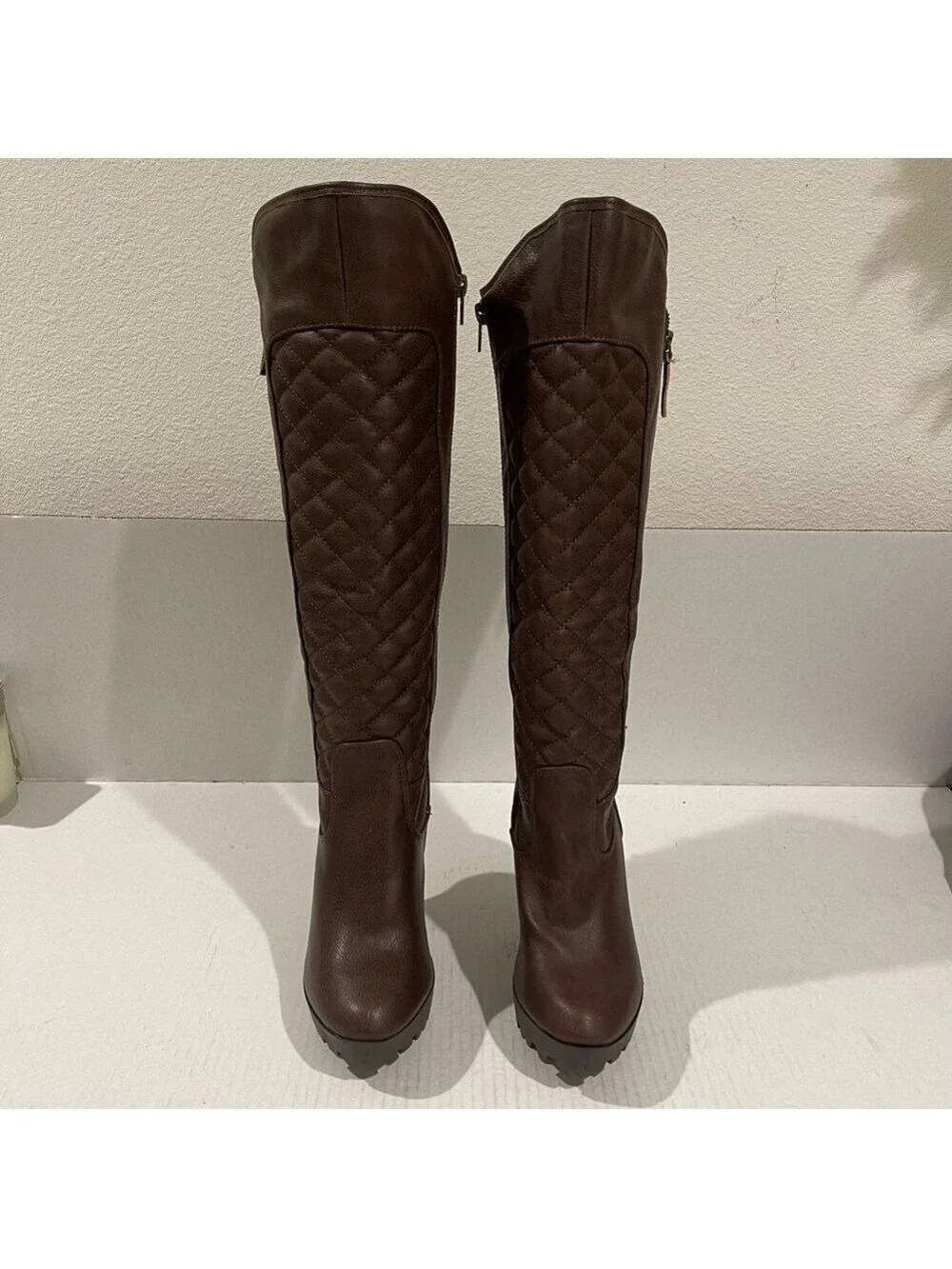 Women’s Wild Diva Lounge Brown Quilted Lug Heel Knee High Boots Size 7 US!